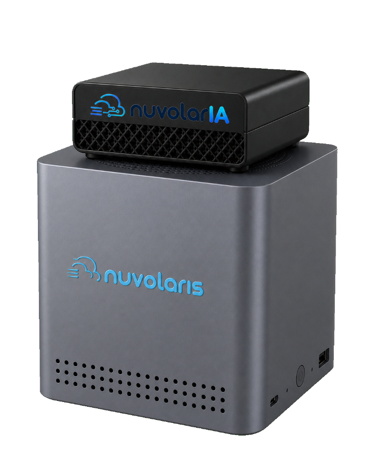 The NuvolarIA appliance: a compact AI compute unit stacked on a Nuvolaris server.
